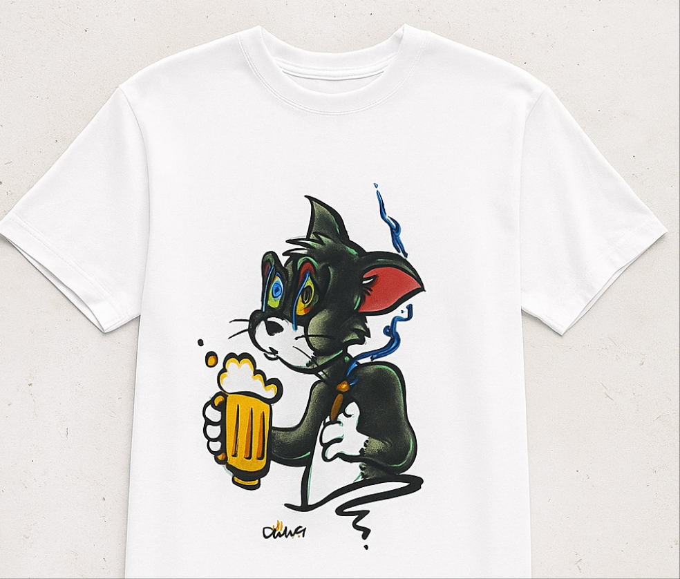 White graphic tshirt men front view showing cartoon beer mug print tom inspired design regular fit style