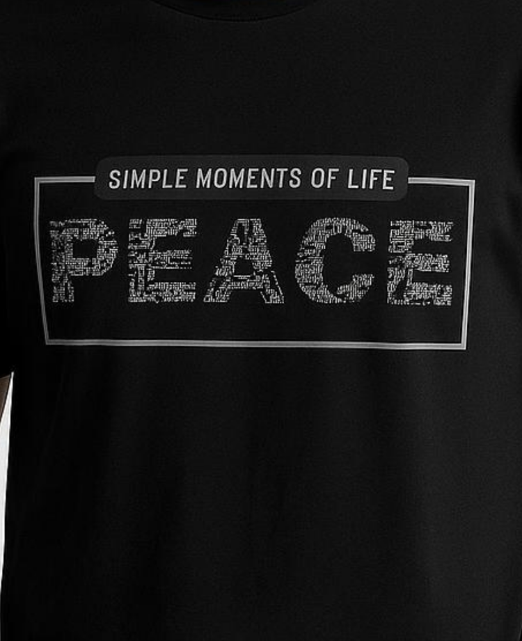 Black graphic tshirt men with peace print design front view showing regular fit cotton streetwear